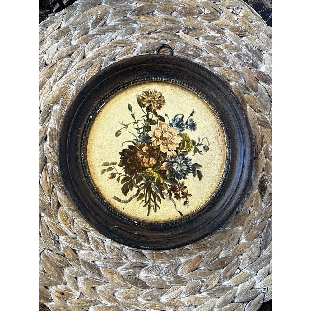 Vintage Italy Borghese chalkware framed floral Plaque. Condition is "Used"